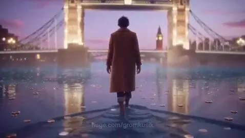 Person wading through shallow water at twilight with Tower Bridge and Big Ben in the background, British coins visible underwater.