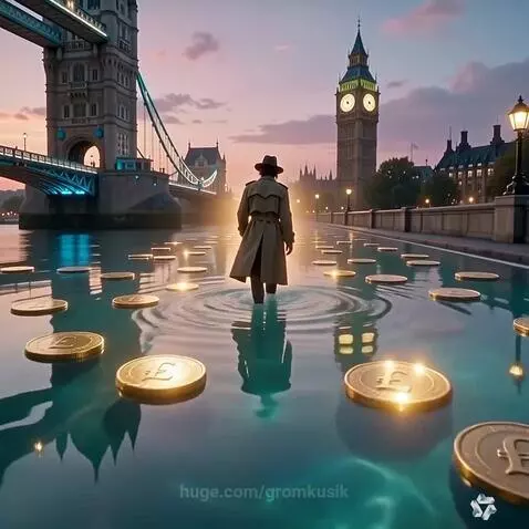 Person in trench coat walking through shallow water with glowing gold coins, London landmarks at sunset.