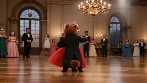 Anthropomorphic red panda couple waltzing; female panda gasps and flees after dress mishap.