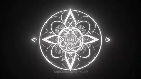 Abstract white mandala pattern with concentric circles expanding and contracting on a dark background.