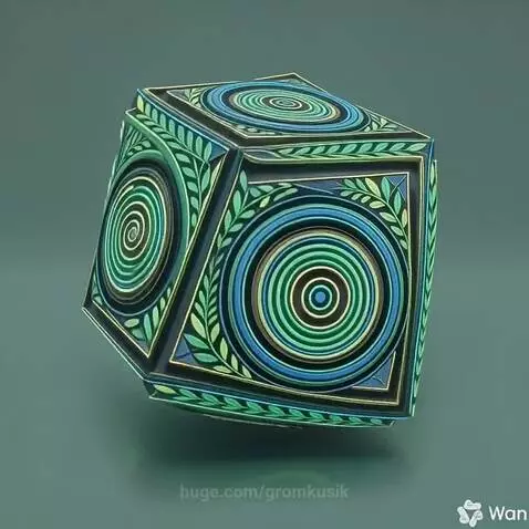 A 3D cube with intricate blue, green, and gold patterns rotates slowly against a dark teal background.