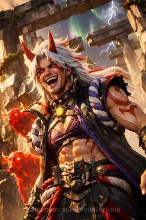 Hyper-realistic Arataki Itto with red horns and war paint, summoning Geo crystals and bull creatures in ancient ruins at twilight.