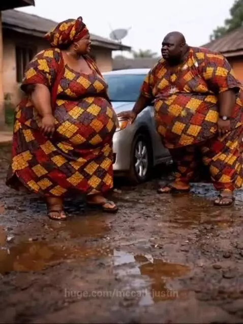 Couple in colorful African attire struggling to fit into a silver car on a muddy path.