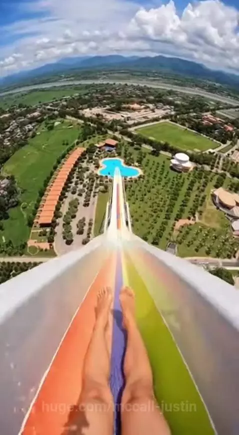 First-person view descending a tall, colorful water slide with panoramic views of mountains and buildings.