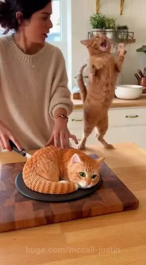 Orange cat Milo dramatically screams and falls while looking at a realistic orange cat cake in a kitchen.