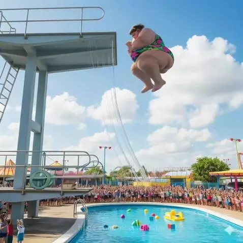 Woman in floral swimsuit makes a giant splash from a high dive, pushing onlookers into the water at a crowded water park.