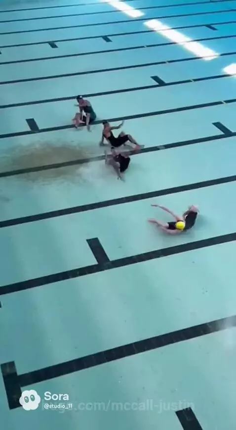 Four adults starting a race on pool starting blocks before running underwater.