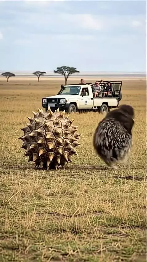 Animated spiky creature facing a porcupine launching quills in a savanna.
