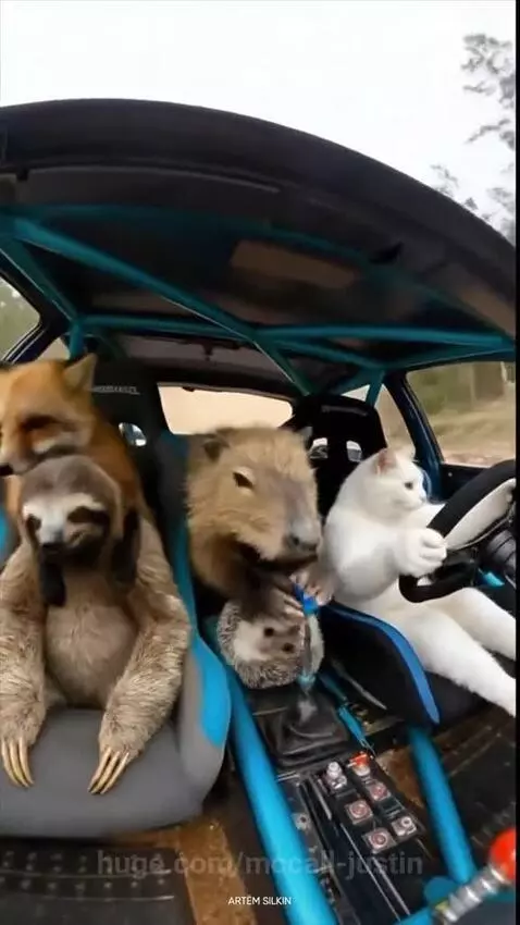 A white cat driving a car with a hedgehog, capybara, sloth, and fox as passengers on a dirt road.
