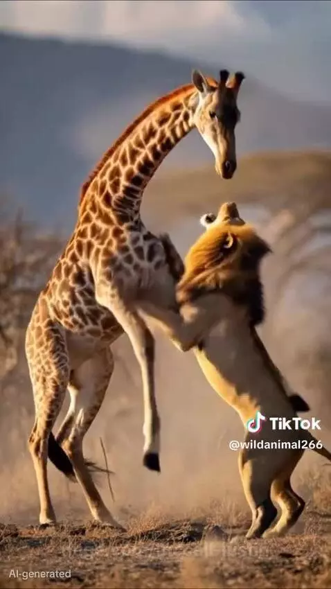 AI-generated giraffe kicking a lion high into the air during a fantastical animal fight.
