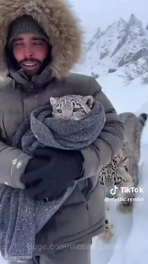 Snow leopard cub wrapped in a blanket being held by a rescuer, with its mother nearby.