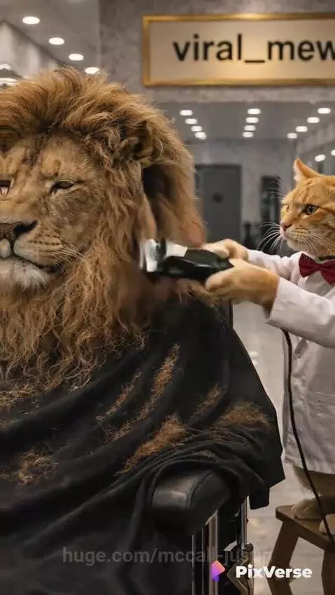 Orange cat barber in a white coat and bow tie cuts a lion's mane with electric clippers, resulting in a stylish modern haircut.