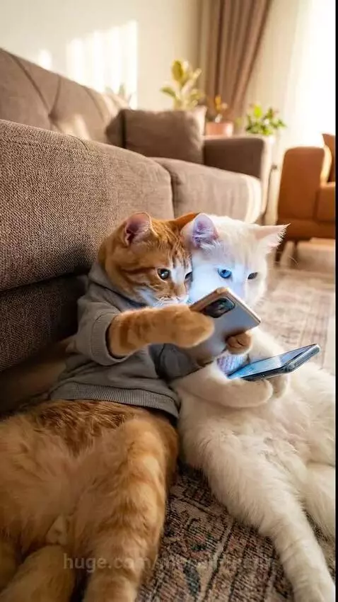 Two cats, one orange in a hoodie and one white in a scarf, sitting on a rug and laughing at smartphones.