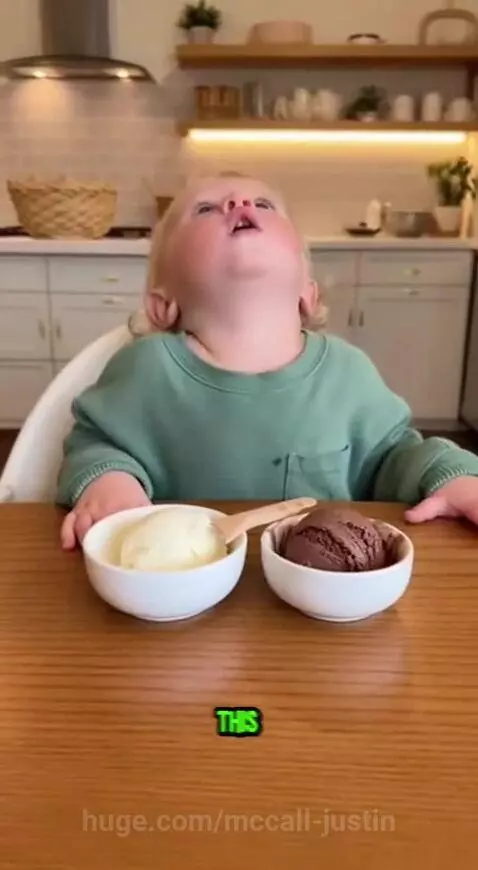 Toddler looking stressed at two bowls of ice cream, one vanilla, one chocolate.