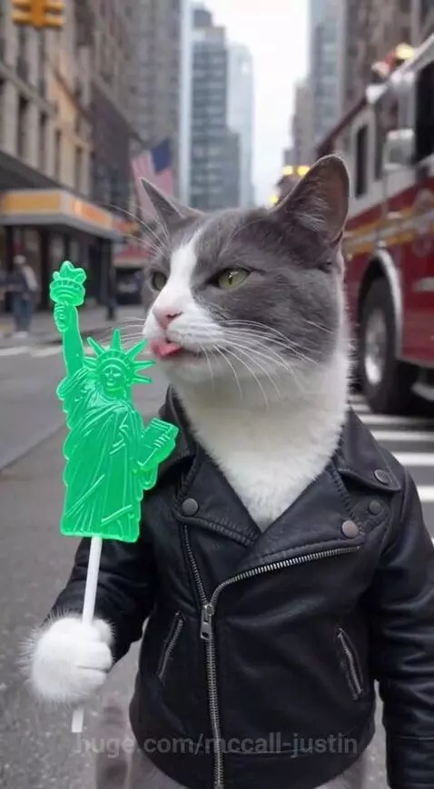 Gray and white cat wearing a black leather motorcycle jacket and holding a Statue of Liberty lollipop on a city street.