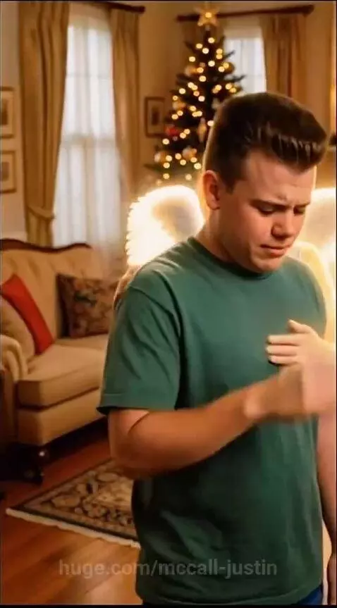 An angel with glowing wings embraces a crying young boy in a festive, Christmas-decorated home.