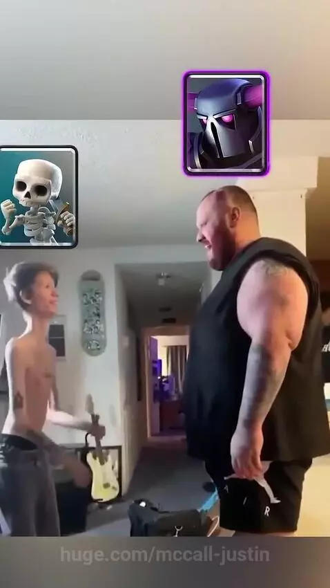 Two men reenacting Clash Royale characters, one small 'Skeleton' slapping a large 'P.E.K.K.A.', with a dog in the background.