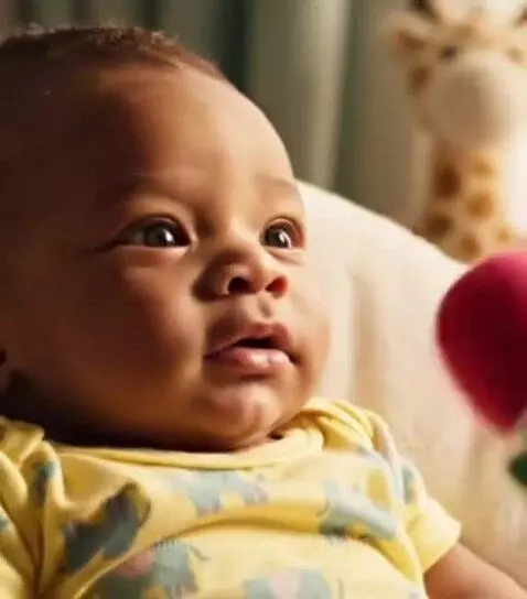 Close-up of a baby with dark skin and light eyes smiling, wearing a yellow onesie.