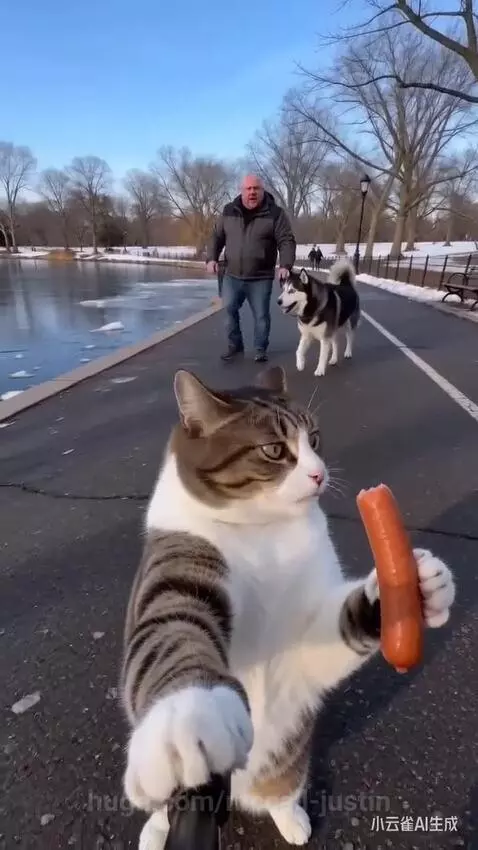 Cat holding a selfie stick with a hotdog, watching a man and husky fall into a frozen lake.