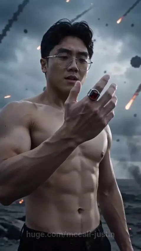 Muscular man transforming into a dark cyborg with glowing red veins and armor, meteors falling in the background.