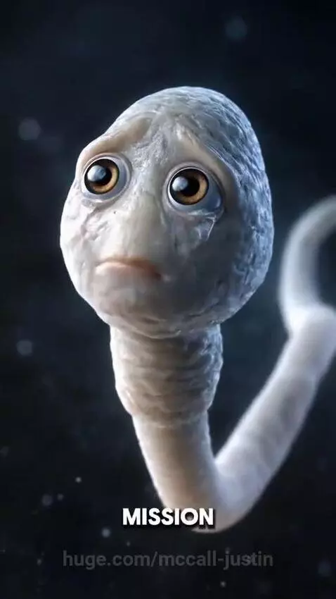 Close-up of a sad, crying animated sperm cell with large eyes against a dark, blurry background.