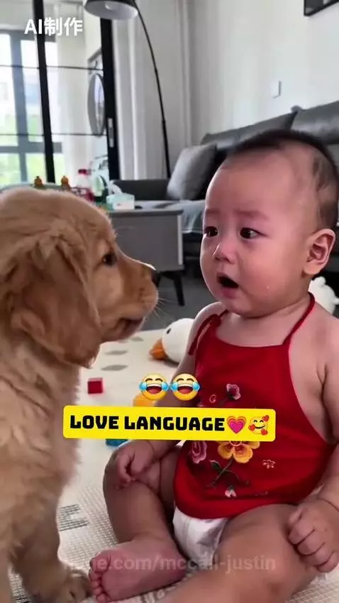 Baby laughing with a golden retriever puppy and a cat playing with a husky.