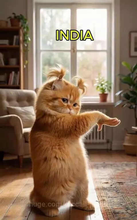 Animated orange cat with pigtails acting out dramatic scenes in a living room, with country names displayed.