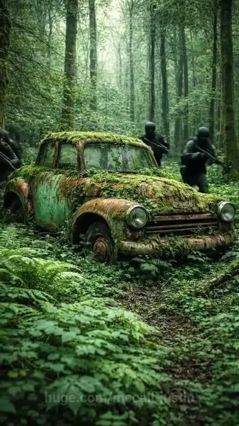 Person in camouflage gear entering an underground bunker hidden behind an abandoned car in a forest.