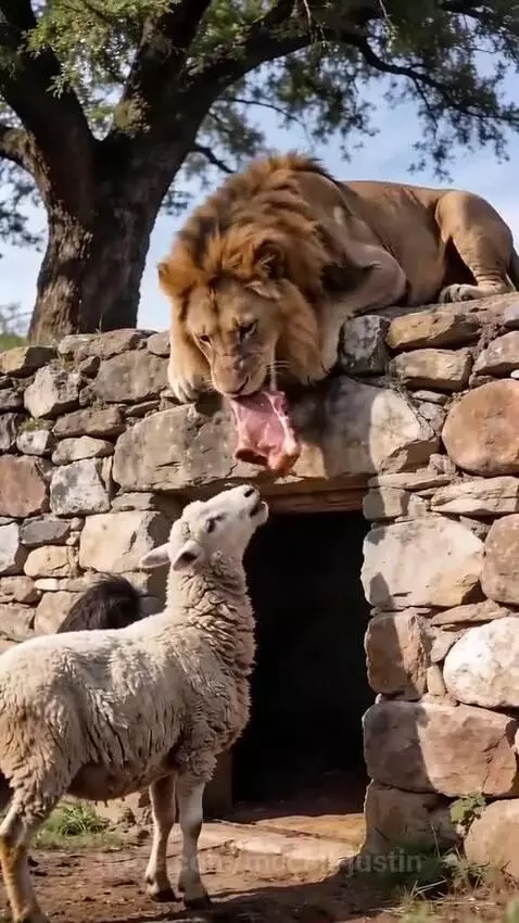 Lion on a stone wall gently taking meat from a sheep, then returning with a lamb.