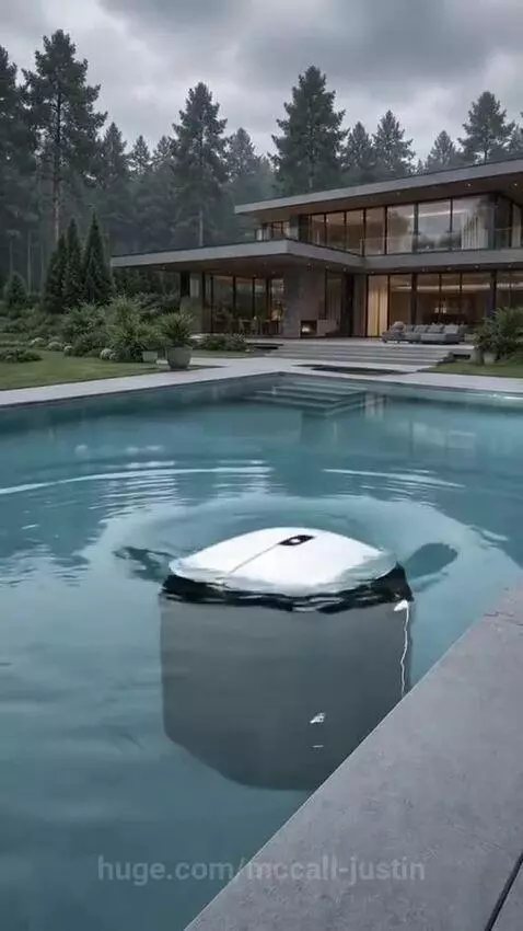 Man escapes pursuers using a hidden mouse-shaped elevator submerged in a swimming pool, leading to an underground bunker.