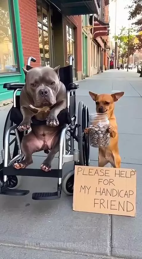 Two dogs, one in a wheelchair, are caught scamming a police officer after being found laughing.