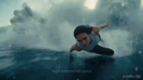 Woman bodyboarding through a massive ocean wave shaped like a giant hand under a bright sky.