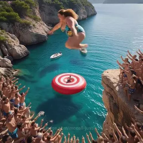 Woman jumps off a cliff into the ocean, landing precisely on a red and white inflatable target below.