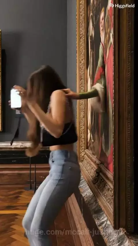 Woman in a revealing top pulled into a painting, then appearing in a medieval gown in a dark hallway.