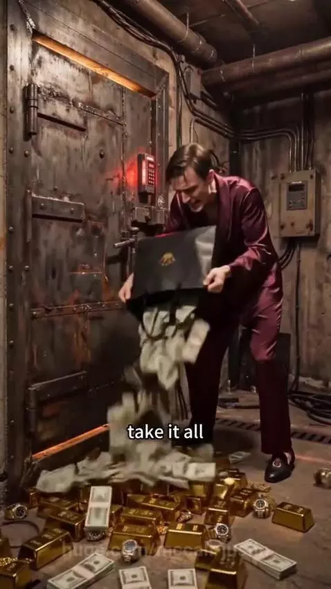 Distressed man in maroon robe sweating, pleading at a rusty metal door. Man in bunker watches on screens.