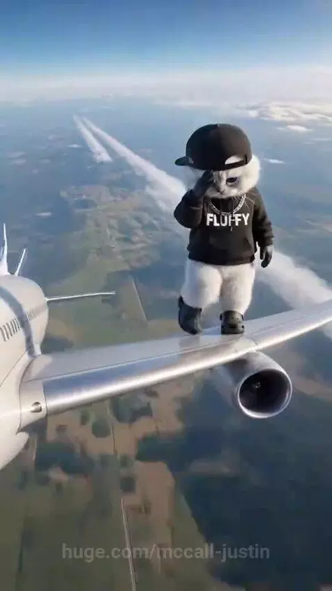 Animated fluffy cat in hoodie and cap dancing on airplane wing with clouds in the background.