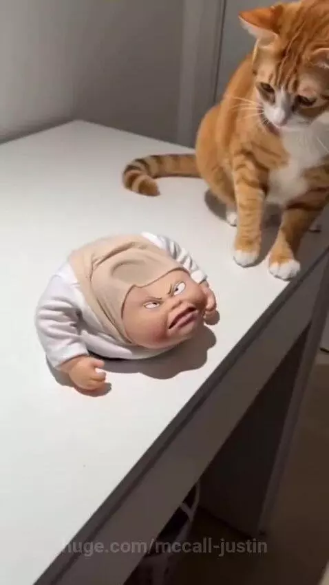 Orange and white cat curiously watches a doll that screams when pushed down.