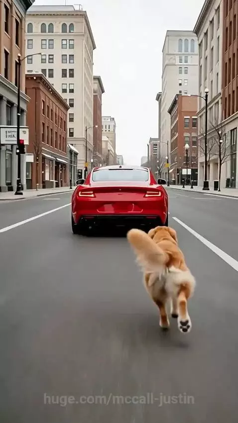 A pack of dogs destroying a red sports car, tearing off a tire and breaking a window.