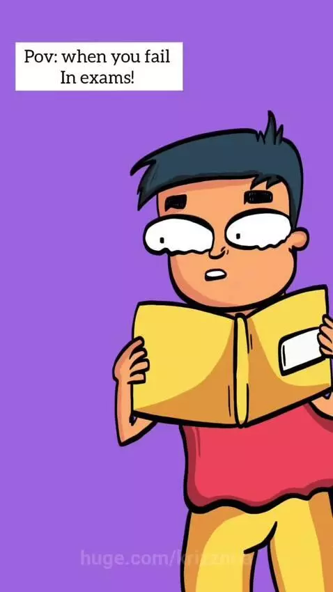 Cartoon of a mother holding a rolling pin, looking angrily at a child holding a book with a failing grade.