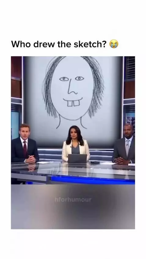 News anchors laughing at a police sketch that perfectly matches a suspect in handcuffs.