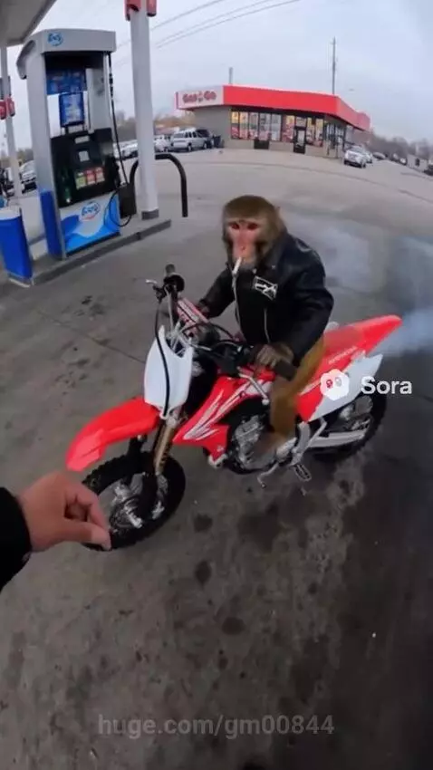 Monkey in sunglasses and leather jacket on a dirt bike at a gas station before crashing.
