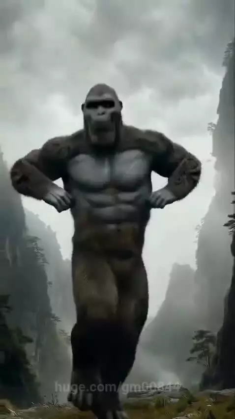 CGI gorilla with dark fur dancing energetically in a foggy, mountainous landscape.