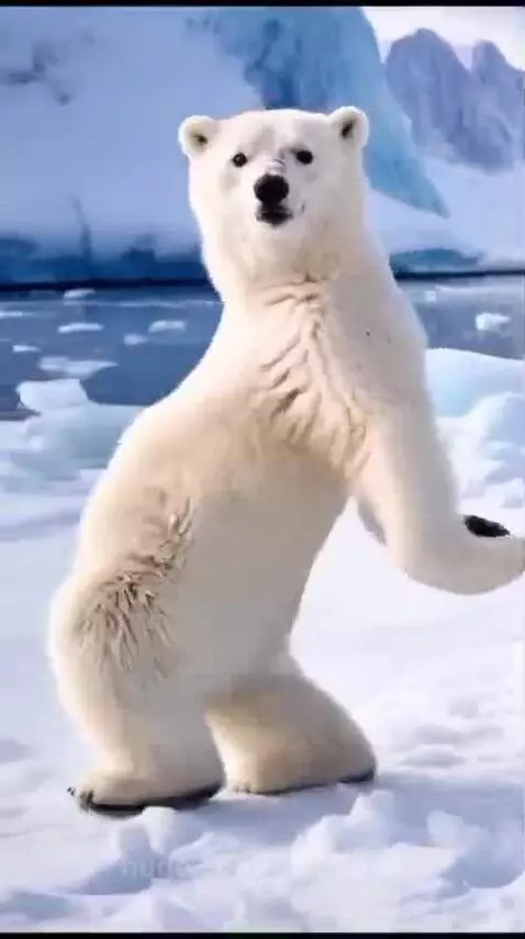Polar bear standing on hind legs, appearing to dance on a snowy arctic landscape with mountains and water.