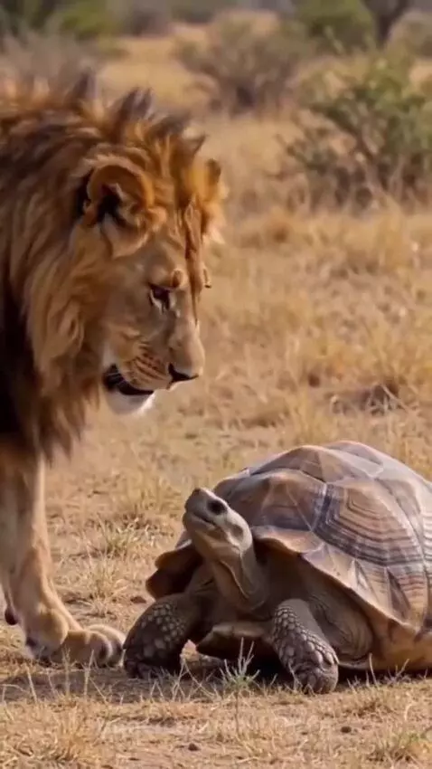 A male lion with a mane curiously interacting with a tortoise on a dry savanna.