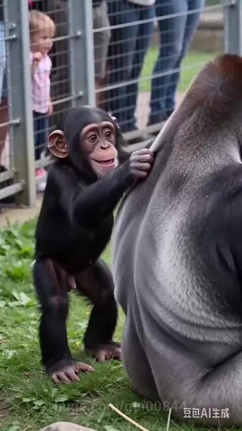 Baby chimpanzee playfully interacting with an adult gorilla in a zoo enclosure, with a crowd watching.