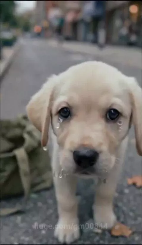 Elderly woman comforting a small Labrador Retriever puppy in a green canvas bag on a city street.