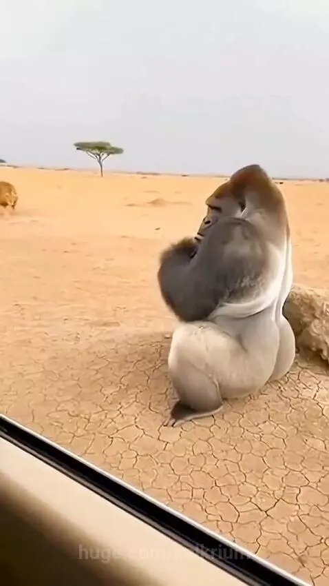 A gorilla standing over a fallen lion after delivering a powerful punch in a desert environment.