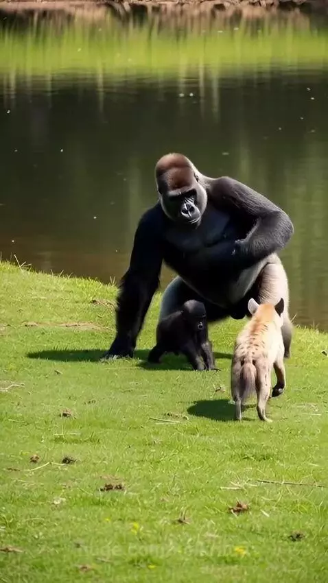Silverback gorilla holding a hyena by the scruff and throwing it into water with a baby gorilla nearby.