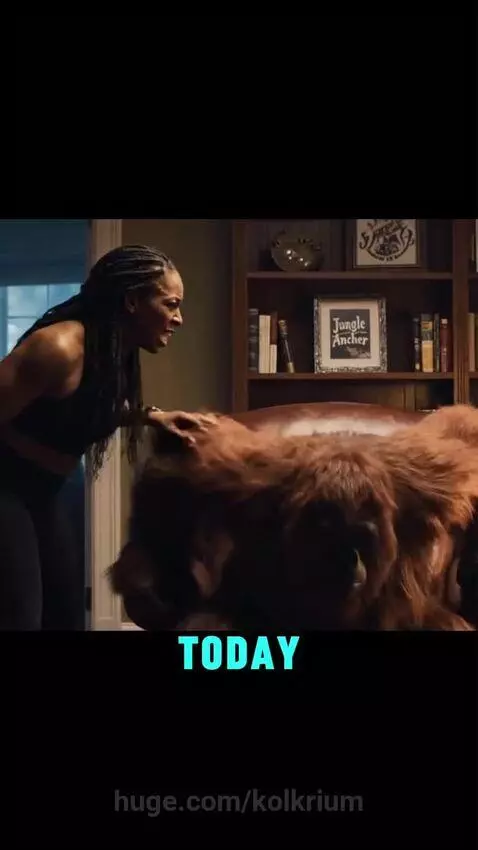 Orangutan in armchair looking angry at a woman, with a lion laughing in the background.