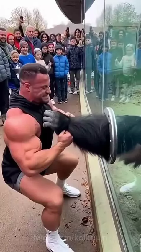 Muscular man in black tank top arm wrestling a gorilla through a glass enclosure opening.
